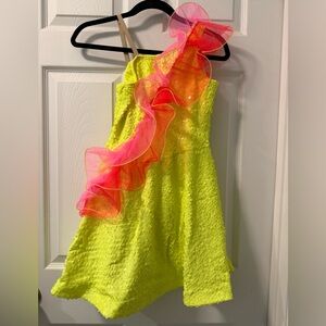 Neon Yellow Sequined Dance Costume with Pink Ruffle